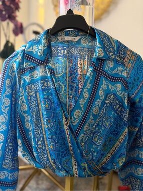 Zara Turquoise and Aqua Paisley Wrap Blouse and Henri Bendel necklace